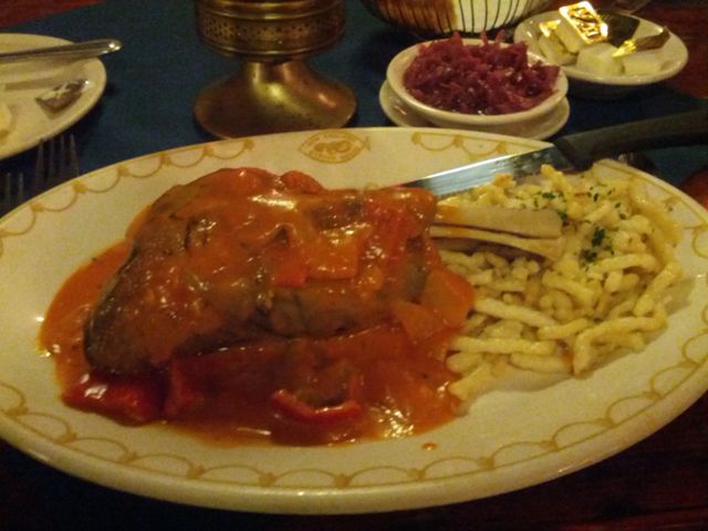 lamb shank with red pepper sauce, spaetzle, and red cabbage - photo by The Jab, 2014