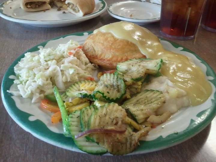chicken pie with mashed potatoes, gravy, cole slaw, and vegetables - photo by Dean Curtis, 2011