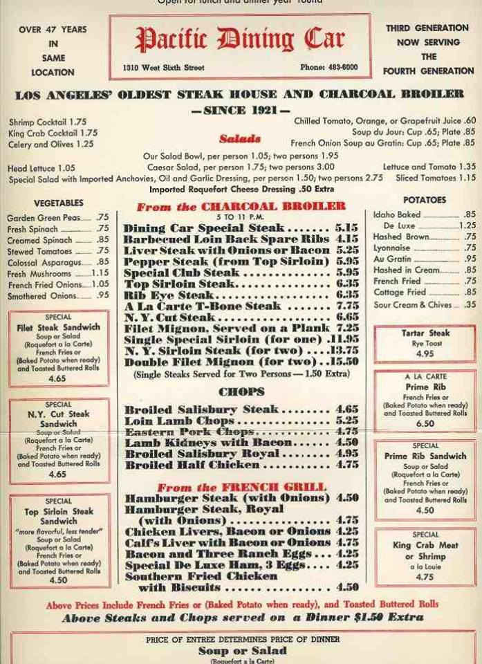 Pacific Dining Car 1968 menu