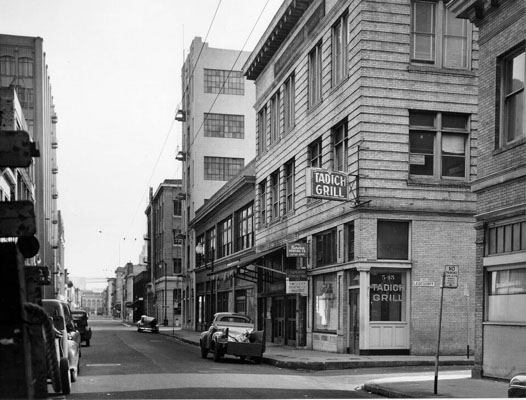 Tadich Grill, 545 Clay St., 1957 - photo by San Francisco Public Library Historical Photograph Collection